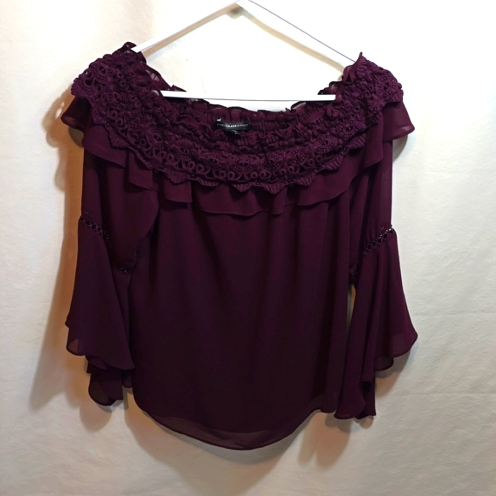 WHBM Off the Shoulder Lace Trim Peasant Blouse Eggplant Size Medium